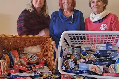 Michaela Howitt (Vorsitzende des DRK Ortsvereins), Gabriela Nellies (Mitarbeiterin bei der Tafel) und Ursula Friess (DRK Mitglied) mit den Spieleinsätzen.