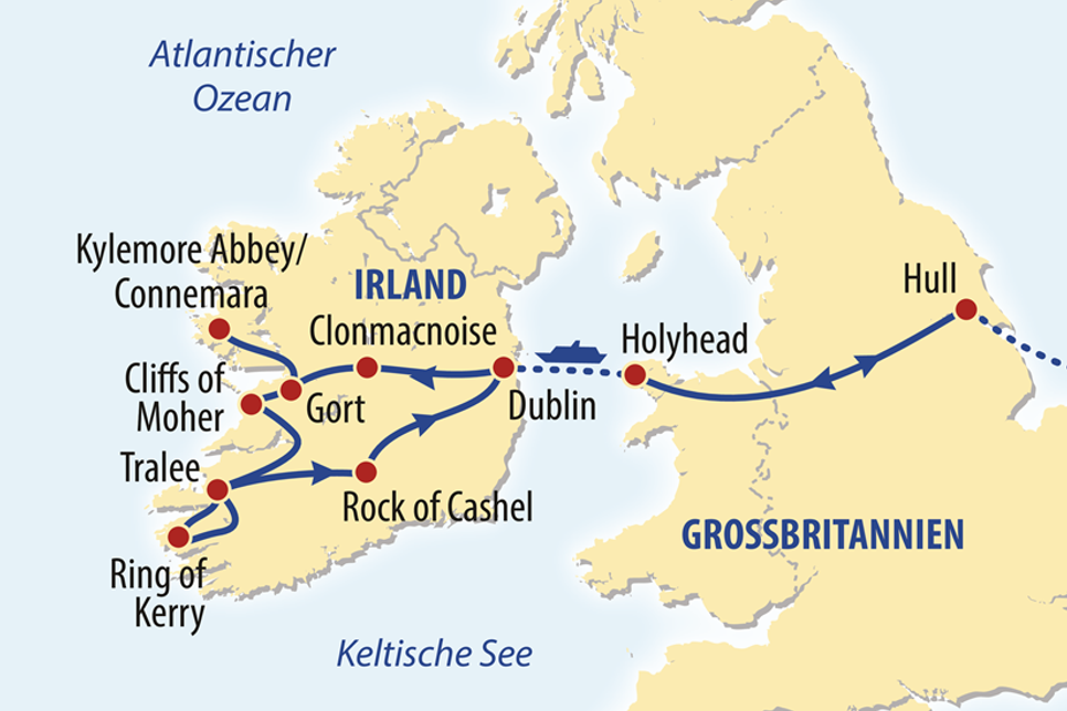 Der Reiseplan durch Großbritannien und Irland.