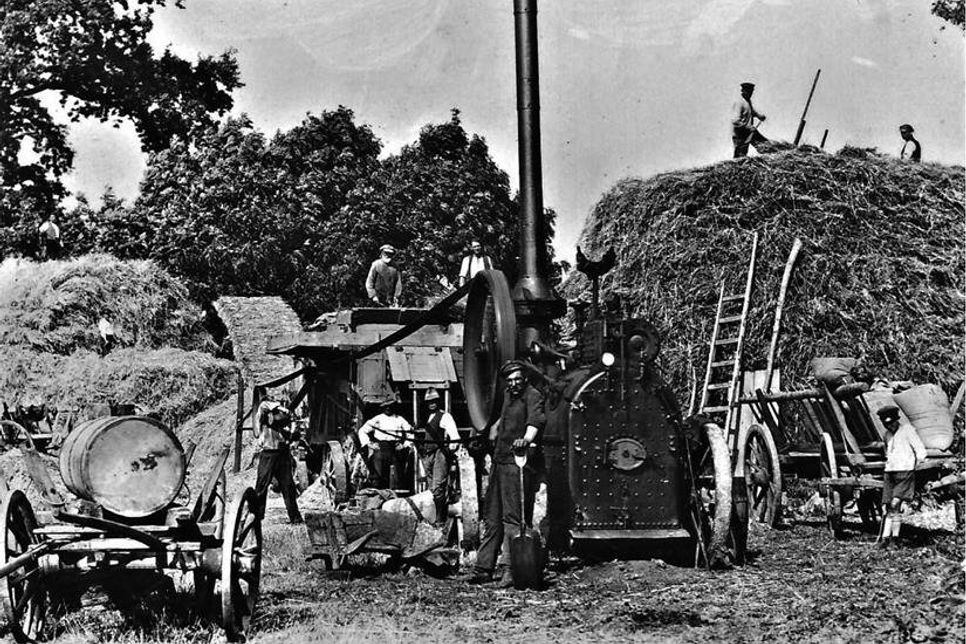 1928 - Dreschen mit der Lokomobile in Beschendorf. (Foto: Archiv Gemeinde Lensahn)