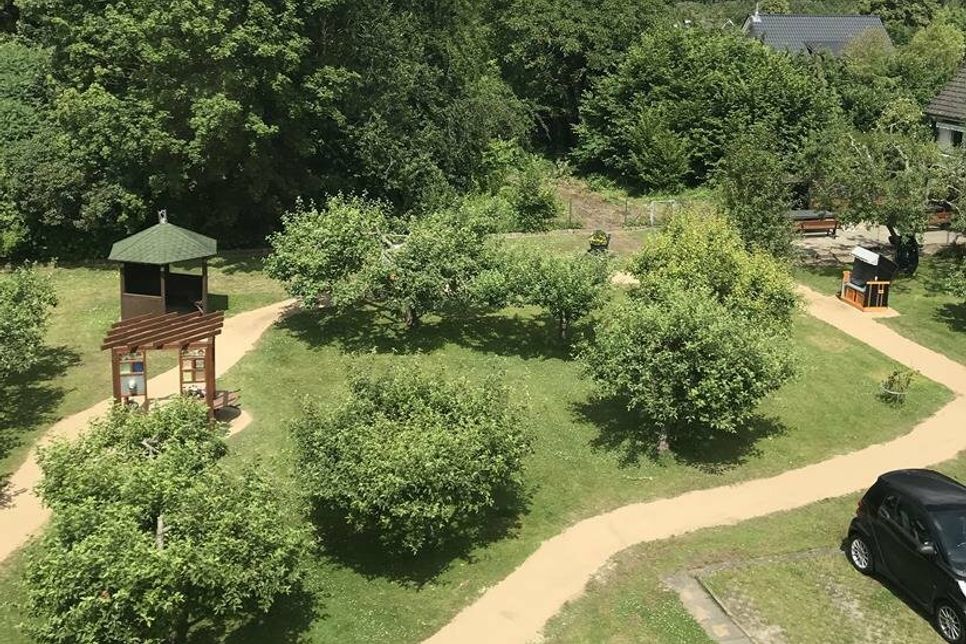 Für die Bewohner wurde eine Obstbaumwiese mit kleinem Rundweg angelegt.