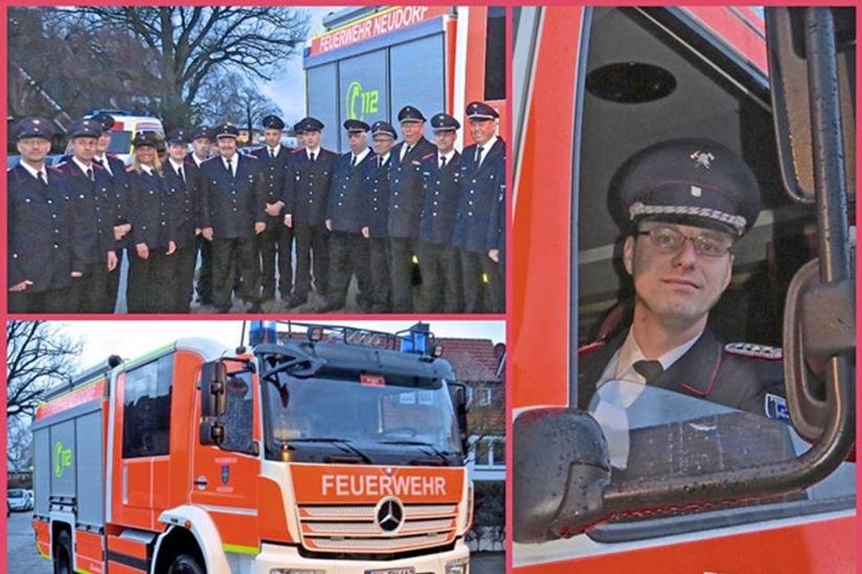 Der stellvertretende Wehrführer Stefan Zein (r.) freut sich wie seine Kameraden (o.l.) über das nagelneue Löschfahrzeug (u.l.), das  bereits bei einigen Einsätzen seine  „Feuertaufe“ bestanden hat. Das 31 Jahre alte Vorgänger-Löschfahrzeug soll verkauft werden.