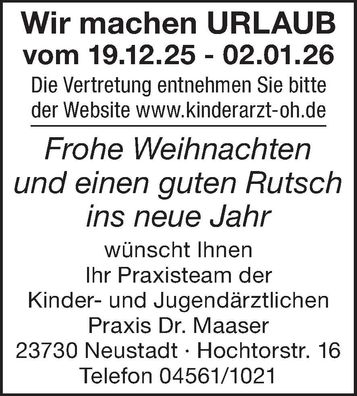 Praxisurlaub + Weihnachtsgruß