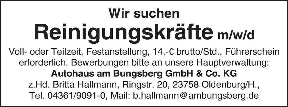Stellenanzeige Reinigungskräfte