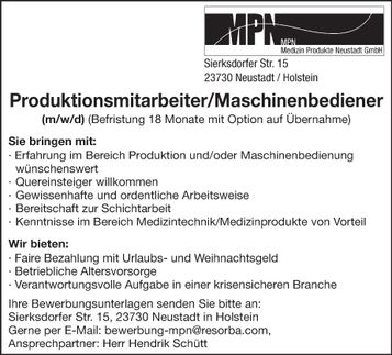 Produktionsmitarbeiter Mittwoch