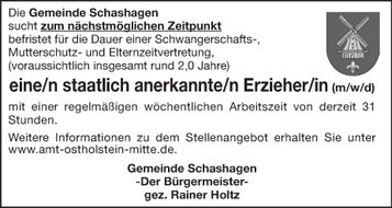 Stellenanzeige Mutterschutz/Elternzeitve
