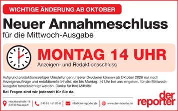 Anzeigenannahmeschluss für Mittwoch