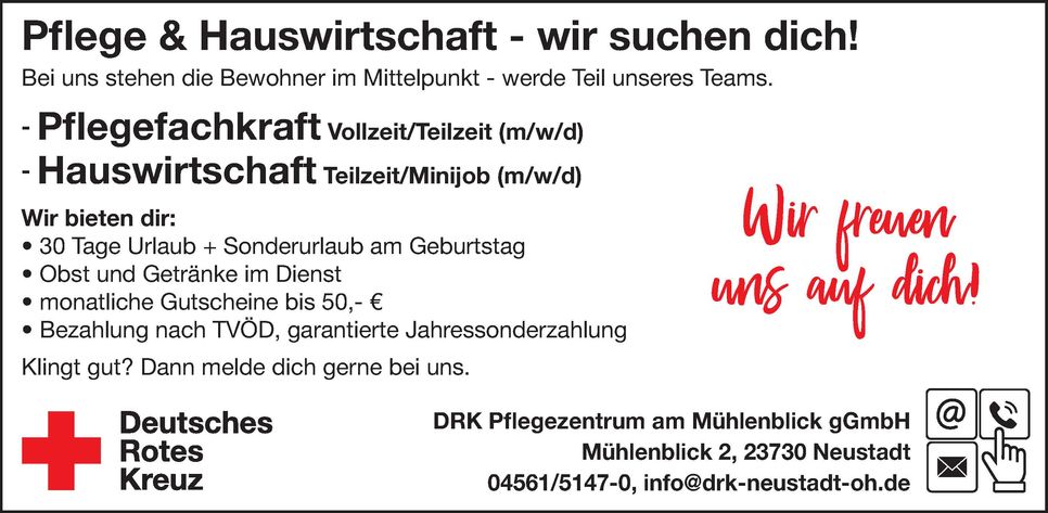 Stellenanzeige Pflege und Hauswirtschaft
