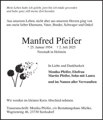 Traueranzeige Manfred Pfeifer