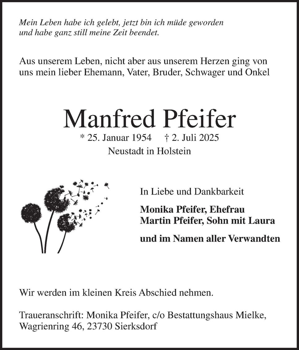 Traueranzeige Manfred Pfeifer