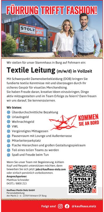 Stellenanzeige Textile Leitung in Burg