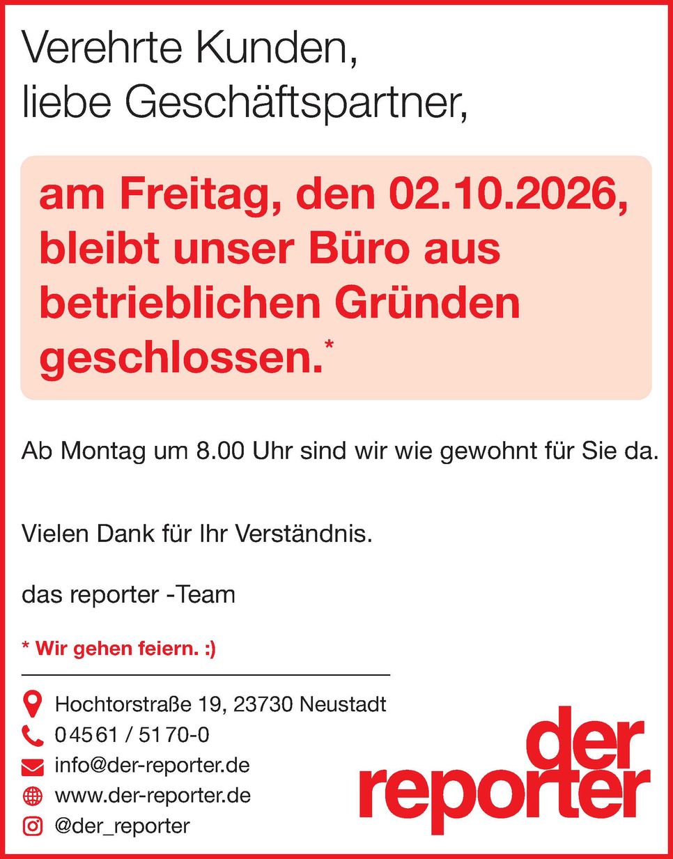 Am Fr. 02.10. geschlossen