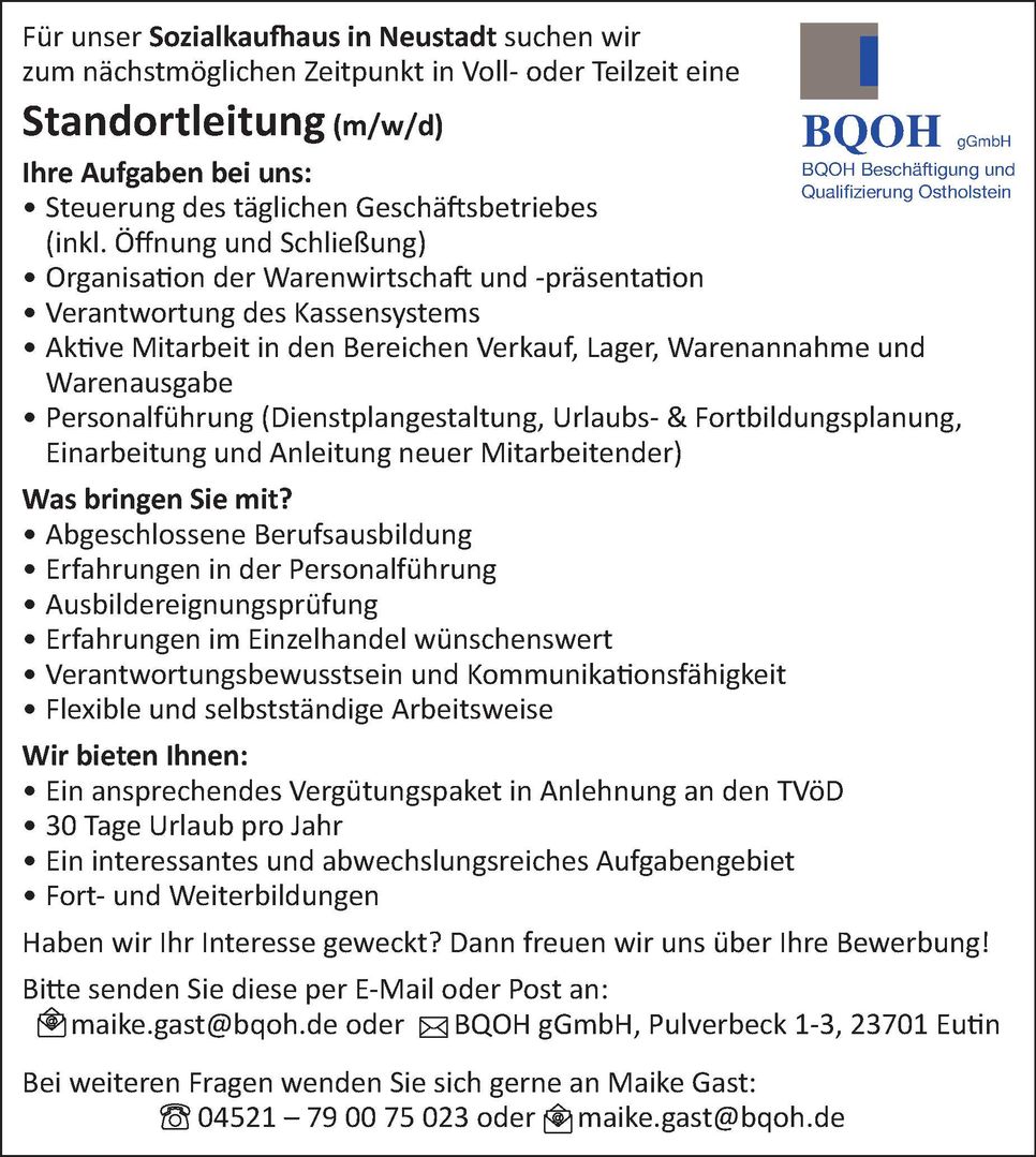 BQOH Leitung / Stellenanzeige 