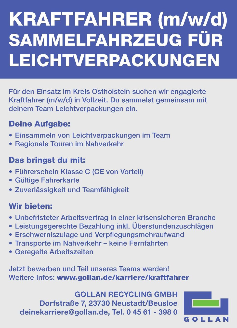 Stellenanzeige Kraftfahrer
