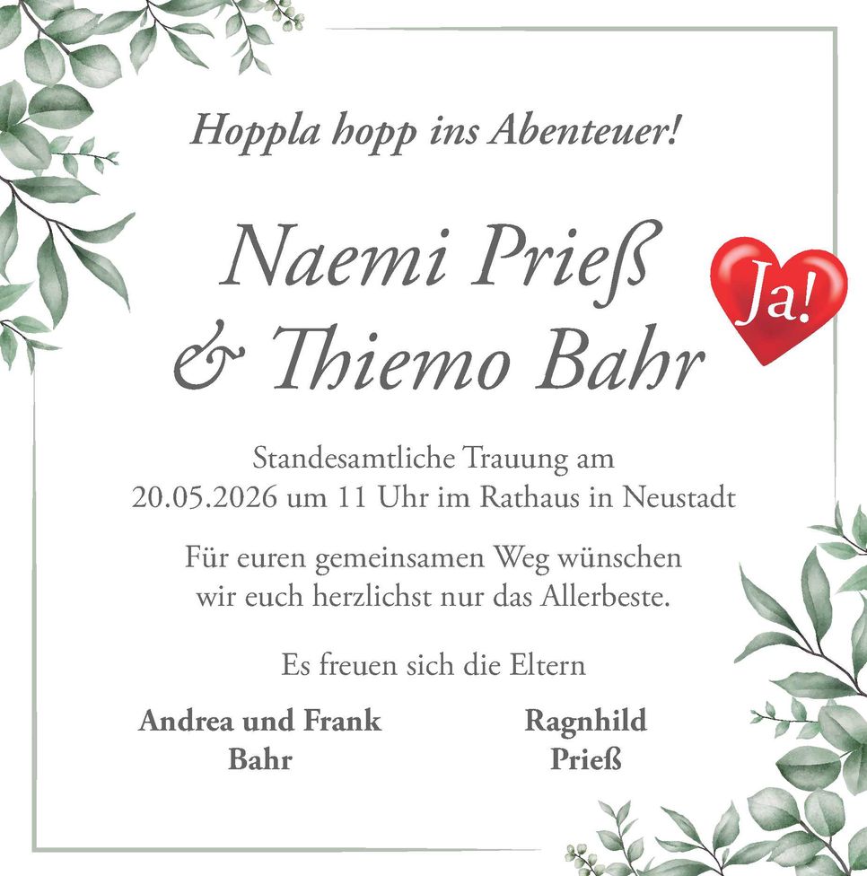 Hochzeitsanzeige Bahr / Prieß 