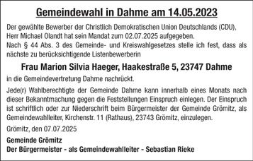 Bekanntmachung Gemeindewahl Dahme