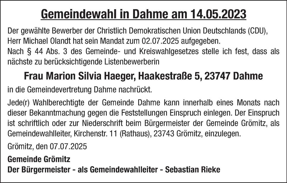 Bekanntmachung Gemeindewahl Dahme