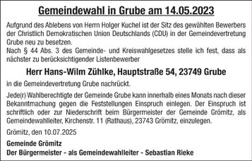 Bekanntmachung Gemeindewahl Grube