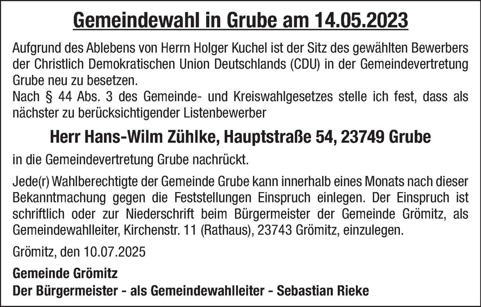 Bekanntmachung Gemeindewahl Grube