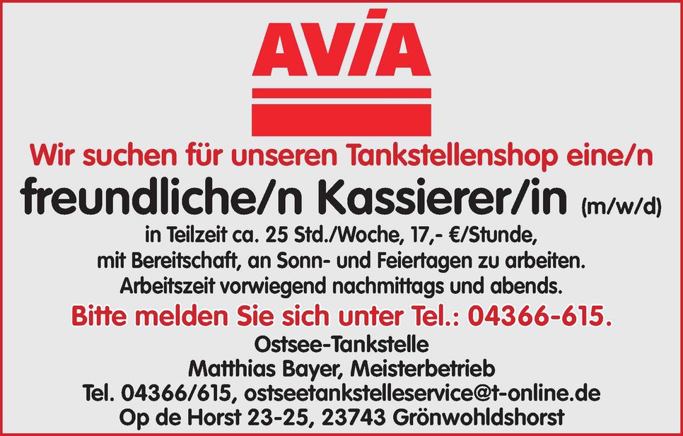 Stellenanzeige Kassierer/in