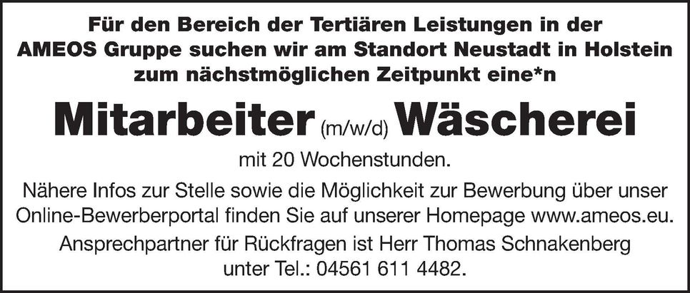 Mitarbeiter Wäscherei m/w/d Samstag