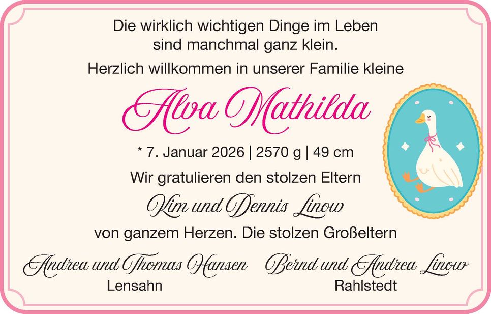 Alva Mathilda, Geburt