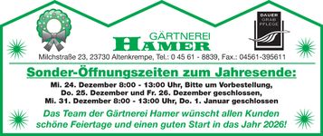 Weihnachtsgruß/Öffnungszeiten