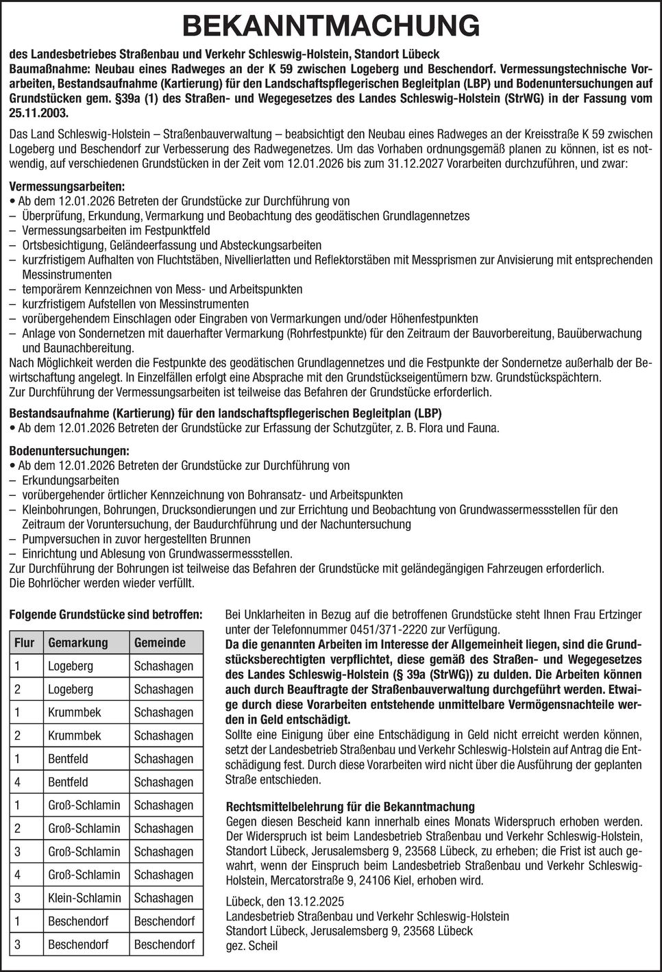 Bekanntmachung K 59 Logeberg-Beschendorf