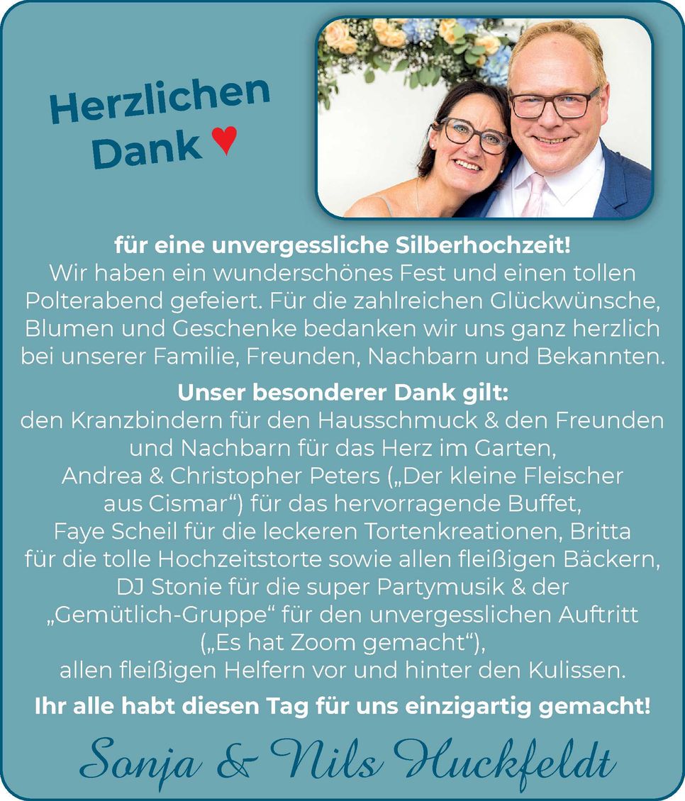 Danksagung Sonja & Nils Huckfeldt